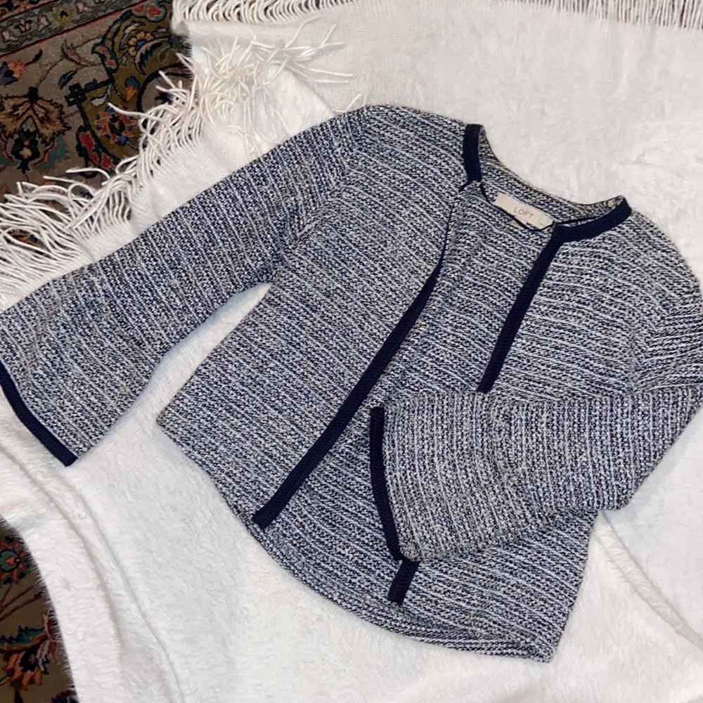Coco Chanel Style Tweed Blue and White Jacket- Ann Taylor Loft  XSP, bell sleeve